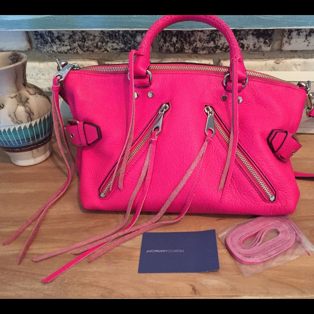 Rebecca Minkoff Neon Pink Leather Satchel with Tassel Zips